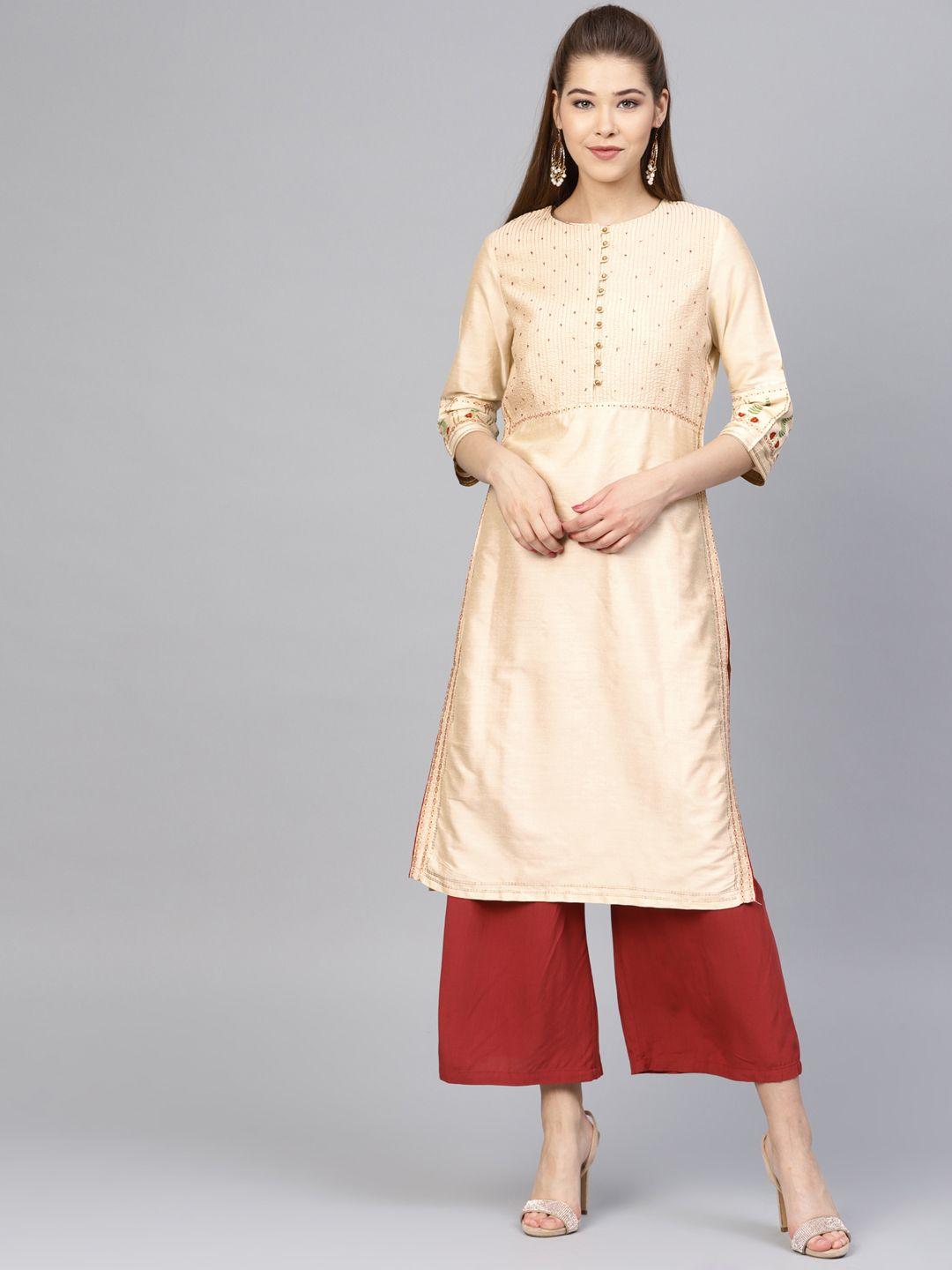 wishful by w women beige yoke design straight kurta