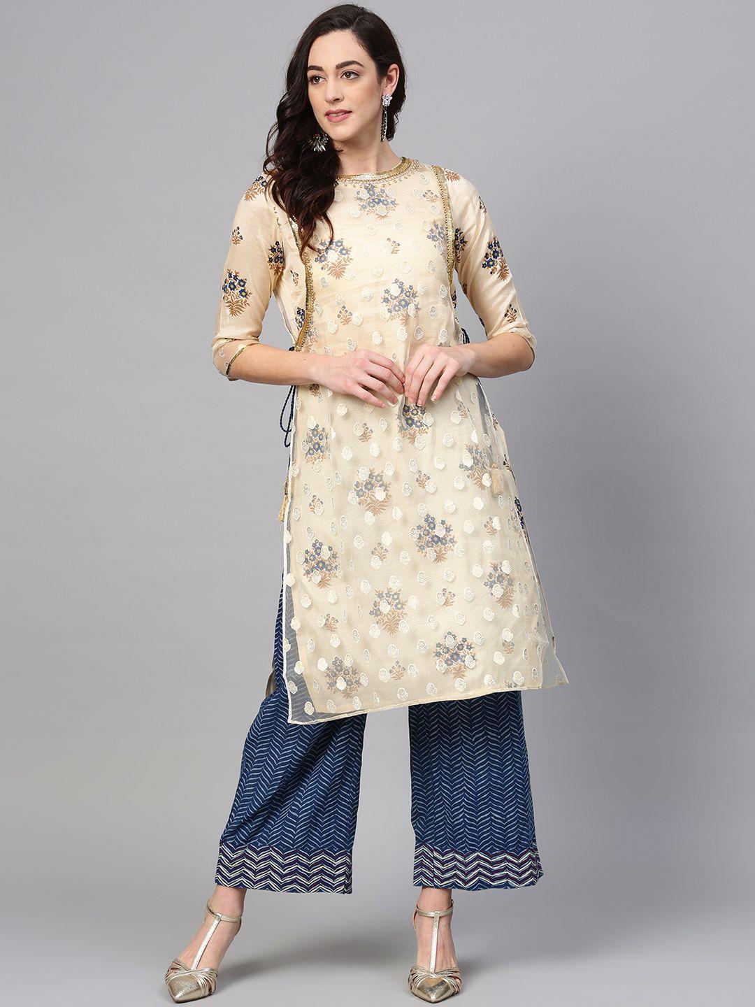 wishful by w women cream-coloured & golden printed layered straight kurta