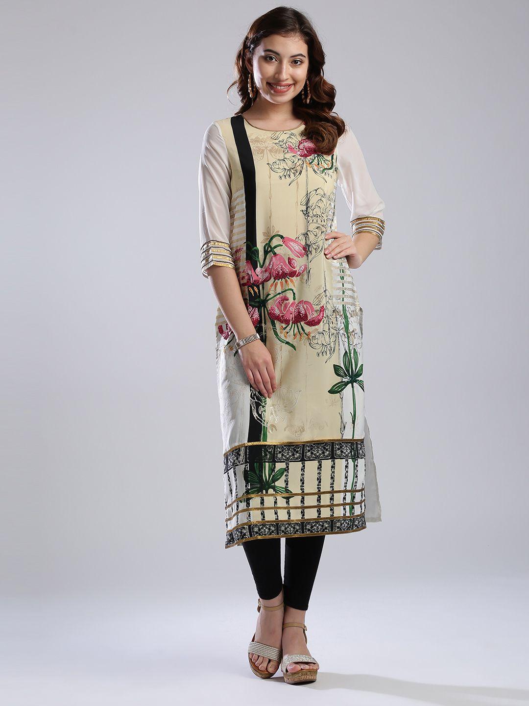 wishful by w women cream-coloured & white floral print straight kurta