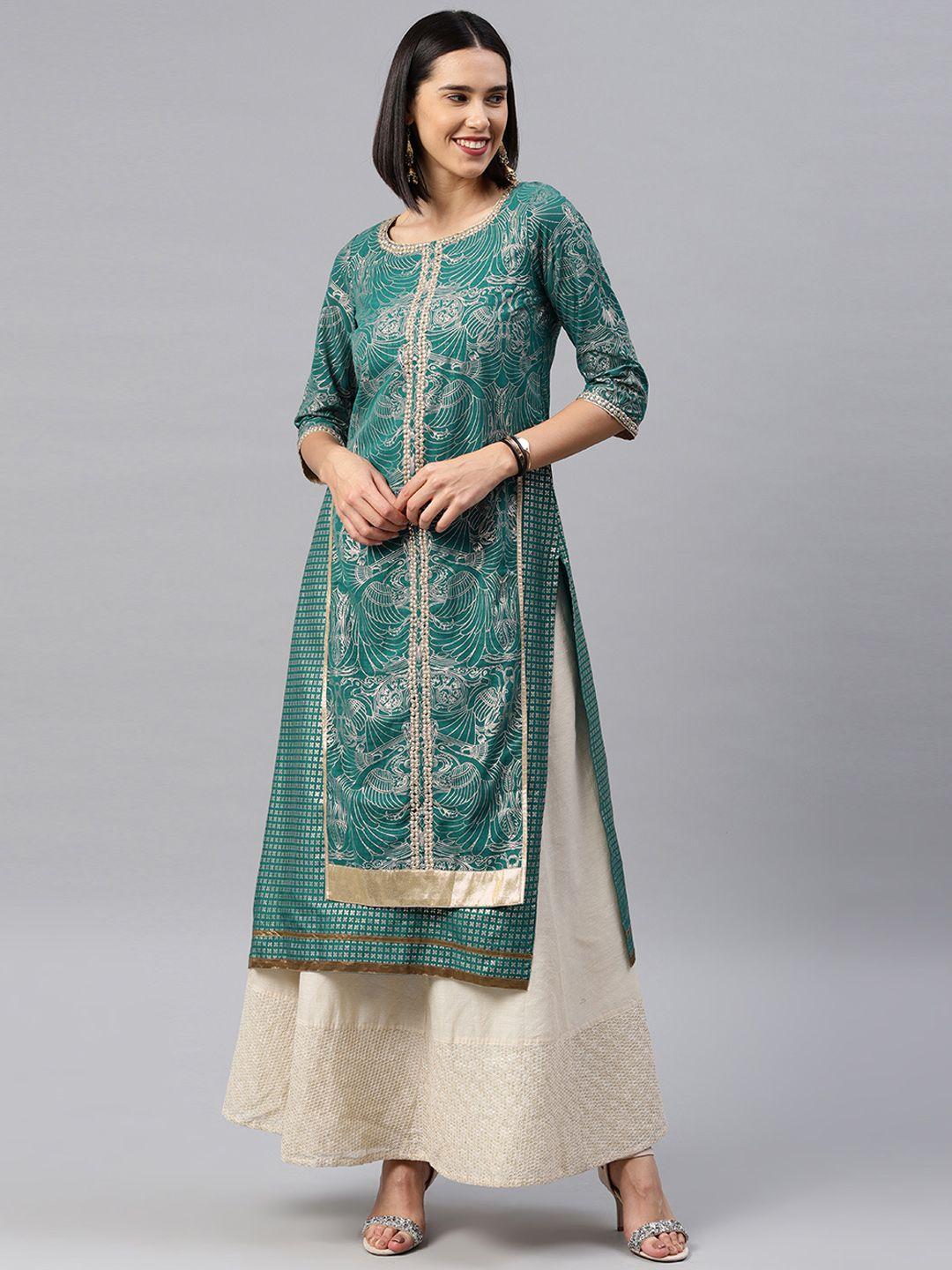 wishful by w women green & golden printed layered a-line kurta