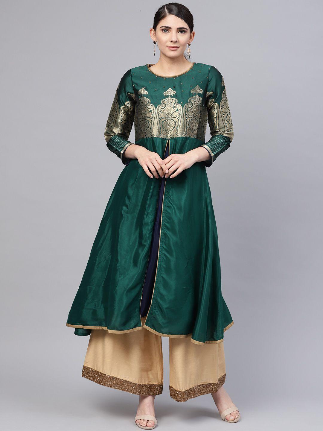 wishful by w women green & golden yoke design a-line kurta