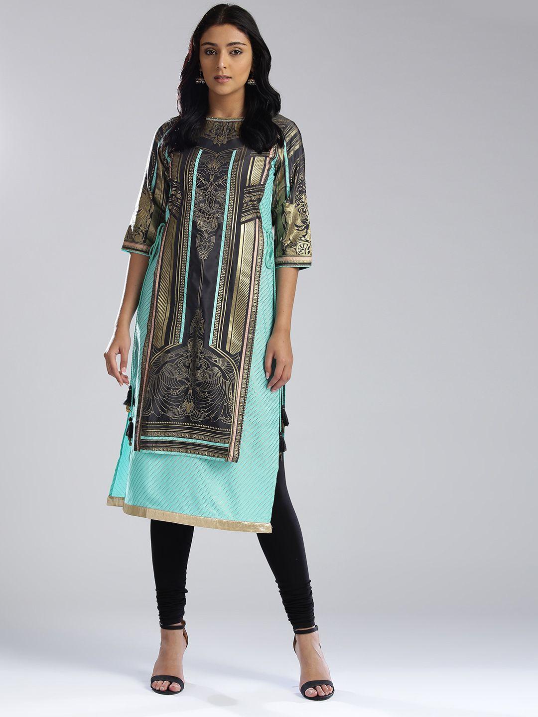 wishful by w women grey & blue printed layered straight kurta