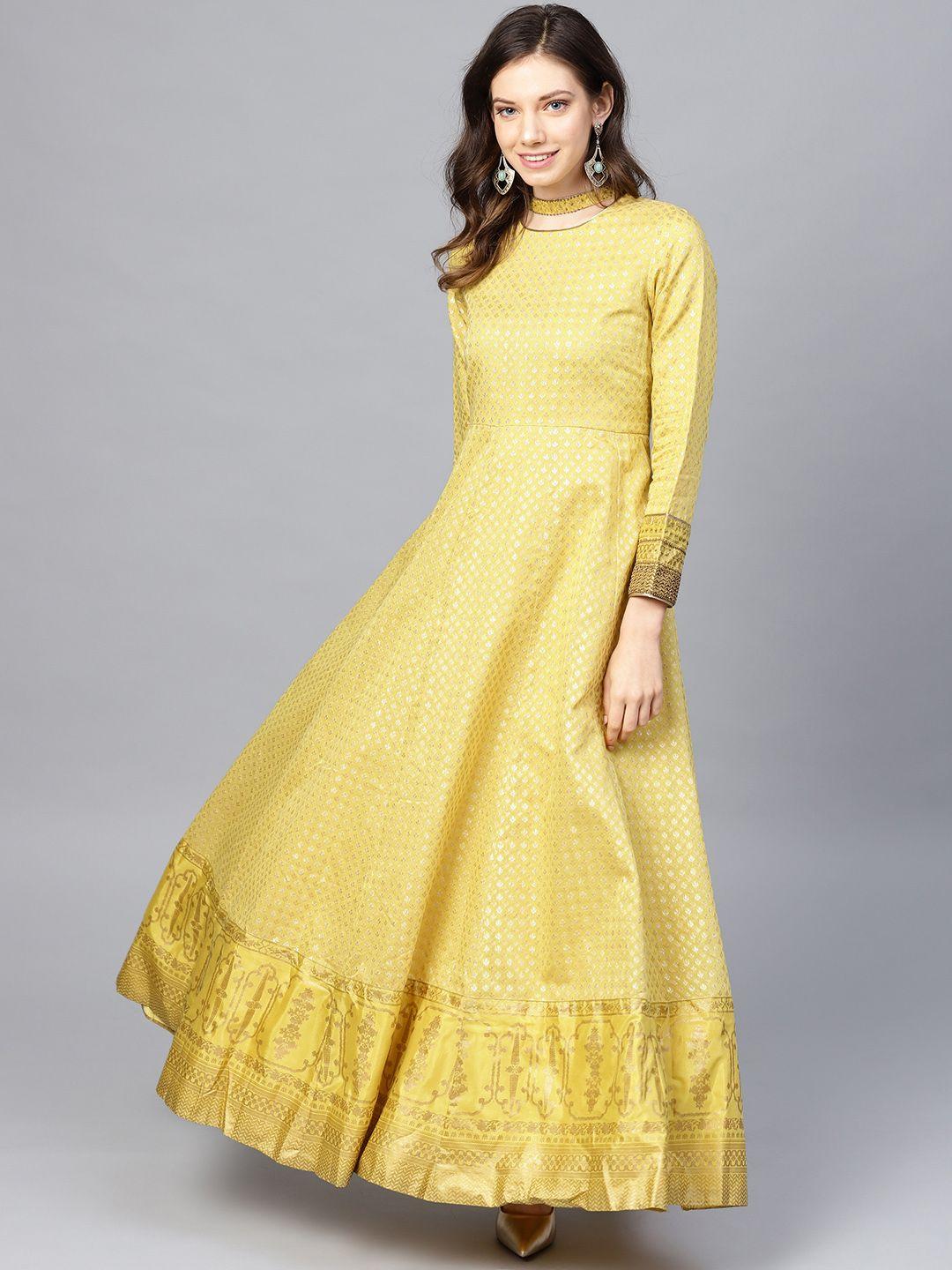 wishful by w women mustard yellow & golden woven design anarkali kurta