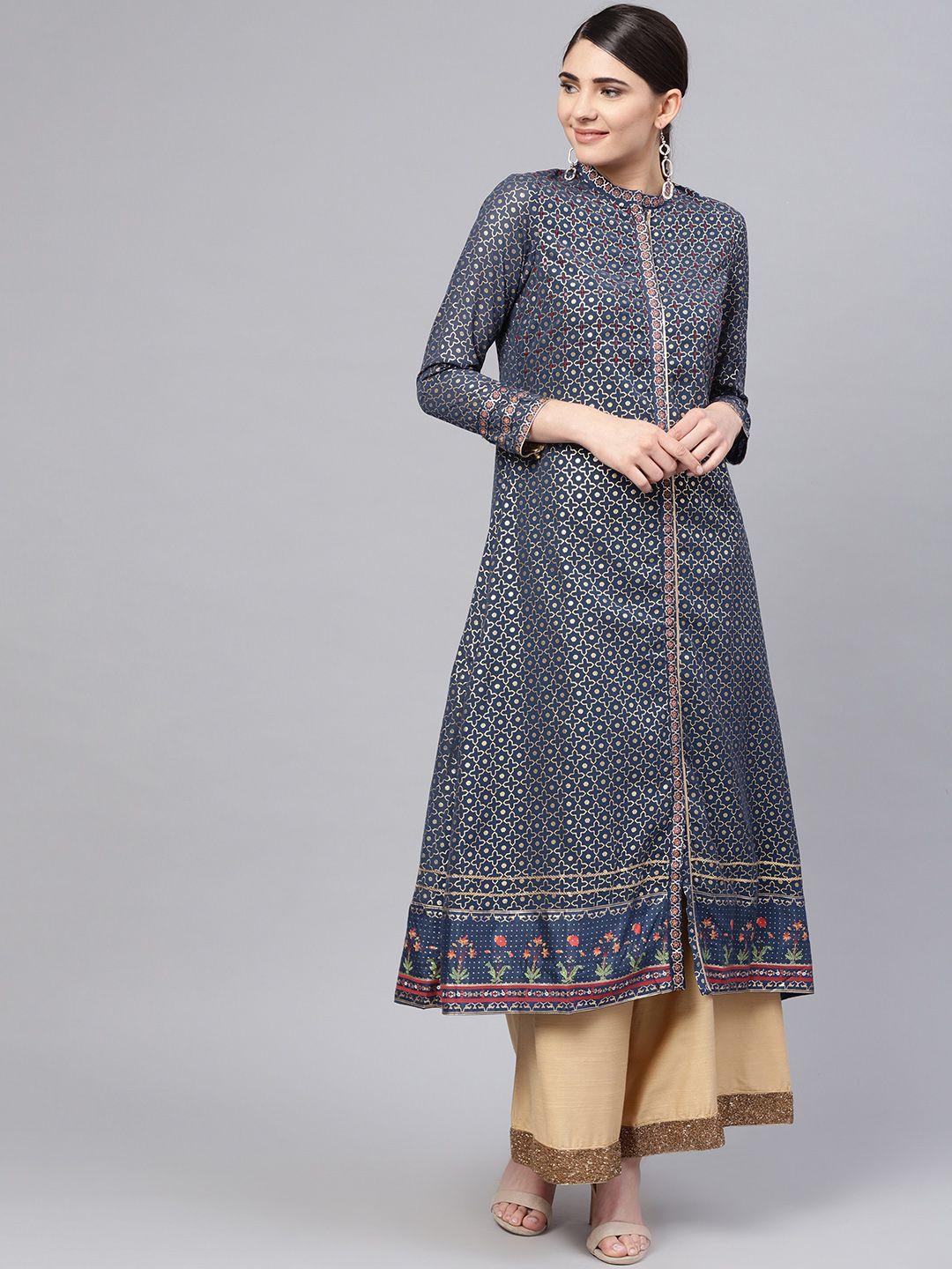 wishful by w women navy & golden printed a-line kurta