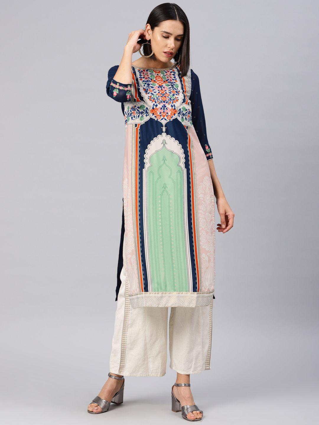 wishful by w women navy blue & pink printed straight kurta