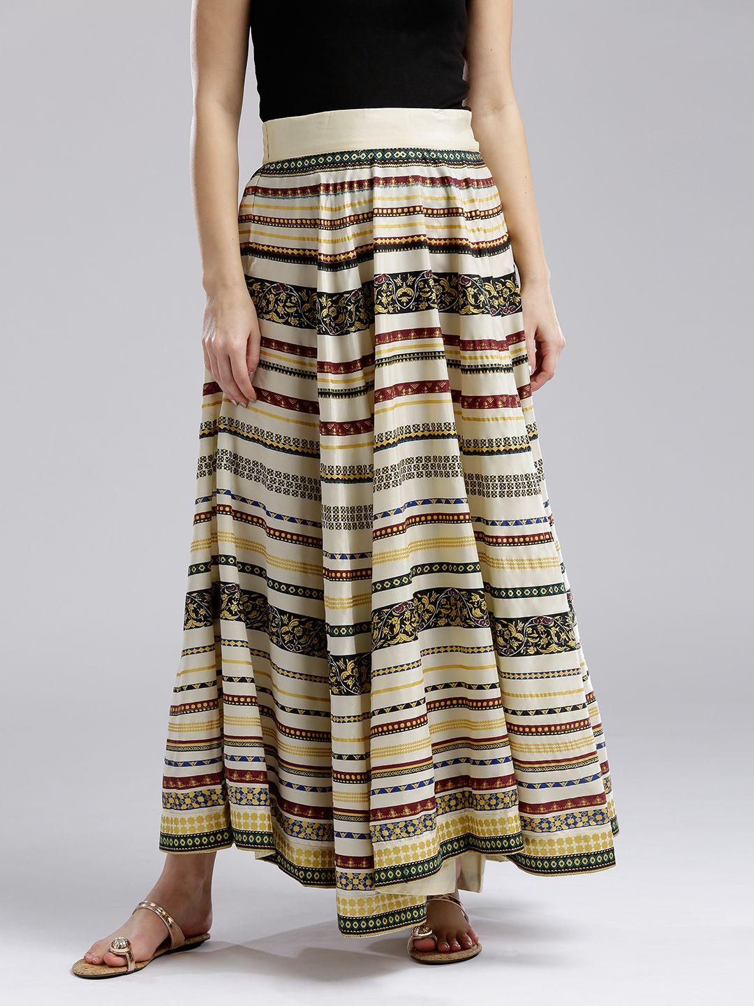 wishful by w women off-white & black printed maxi flared skirt