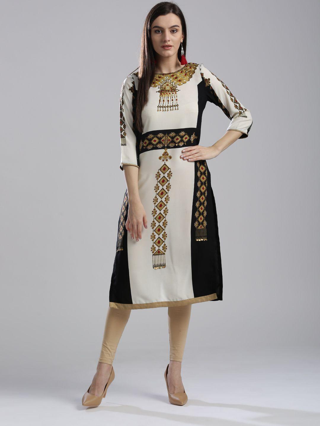 wishful by w women off-white & black printed straight kurta