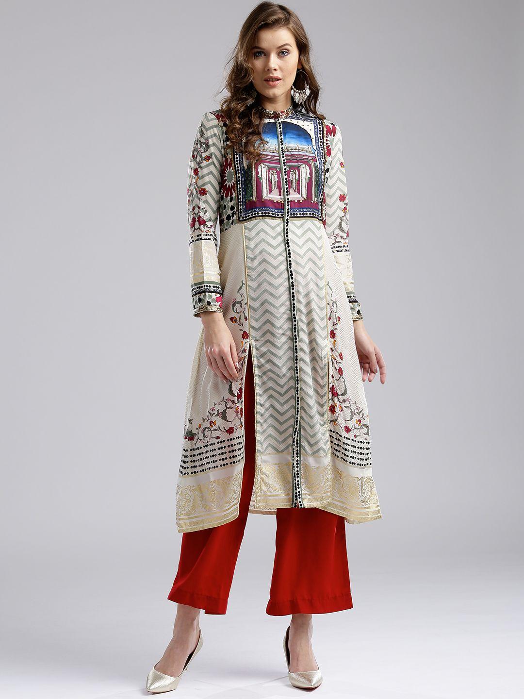 wishful by w women off-white & burgundy printed a-line kurta