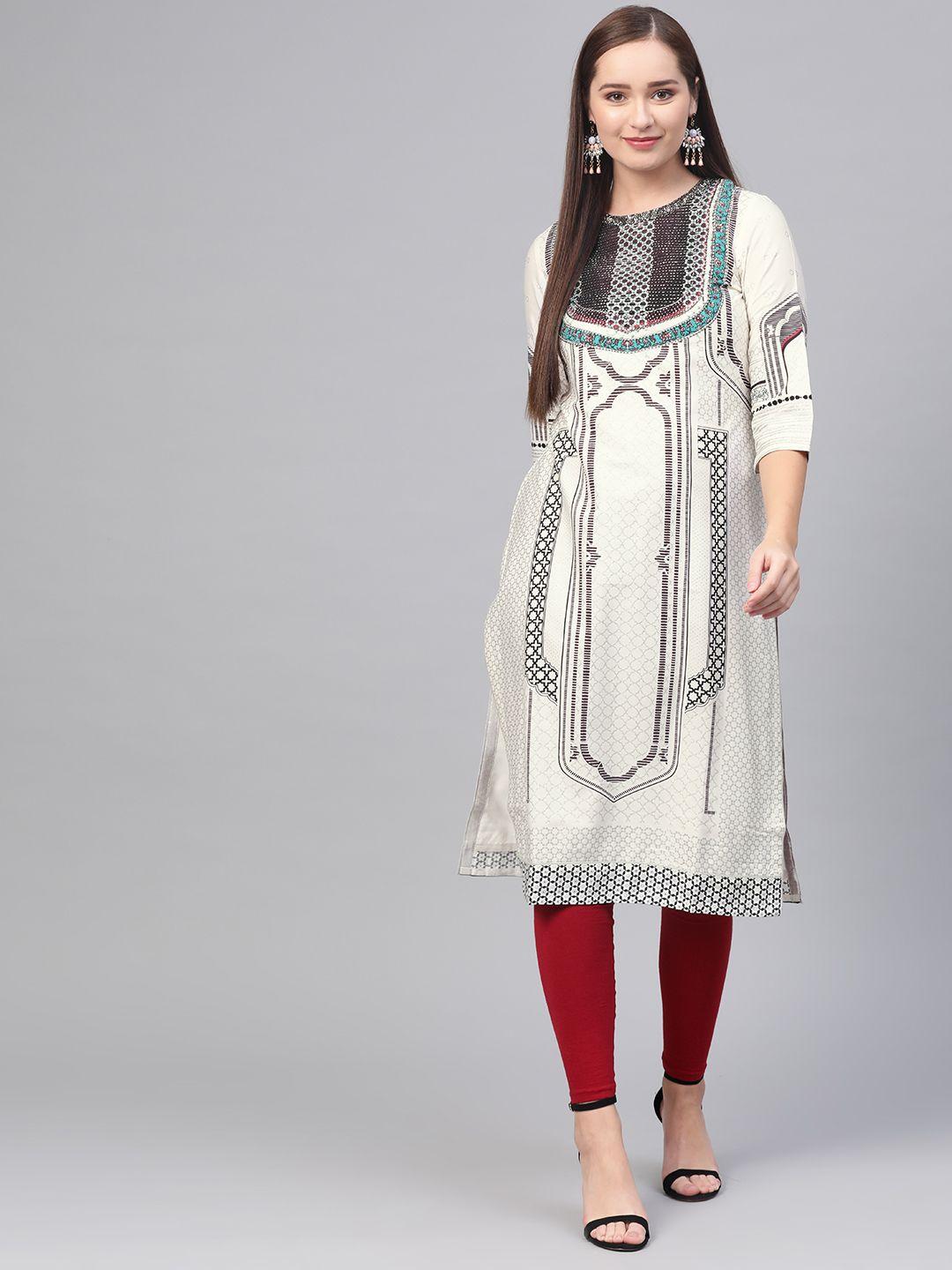 wishful by w women off-white & silver printed straight kurta