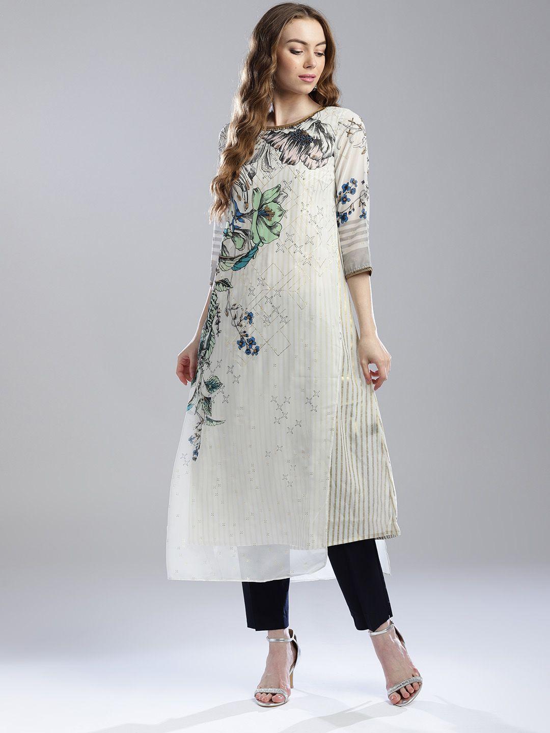 wishful by w women off-white printed layered a-line kurta