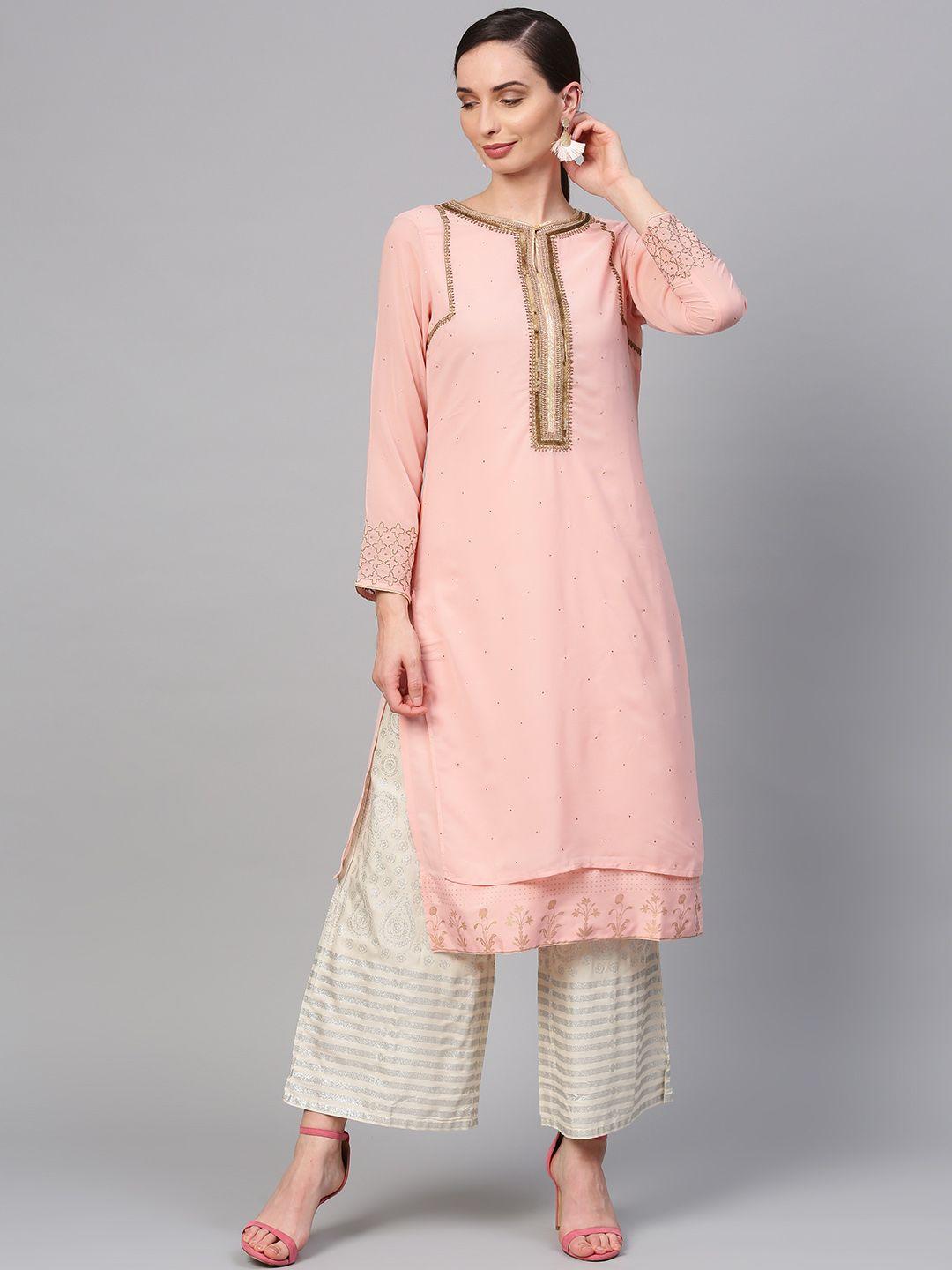 wishful by w women peach-coloured & golden mukaish work layered straight kurta