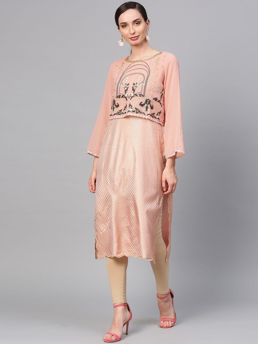 wishful by w women peach-coloured & golden printed layered straight kurta