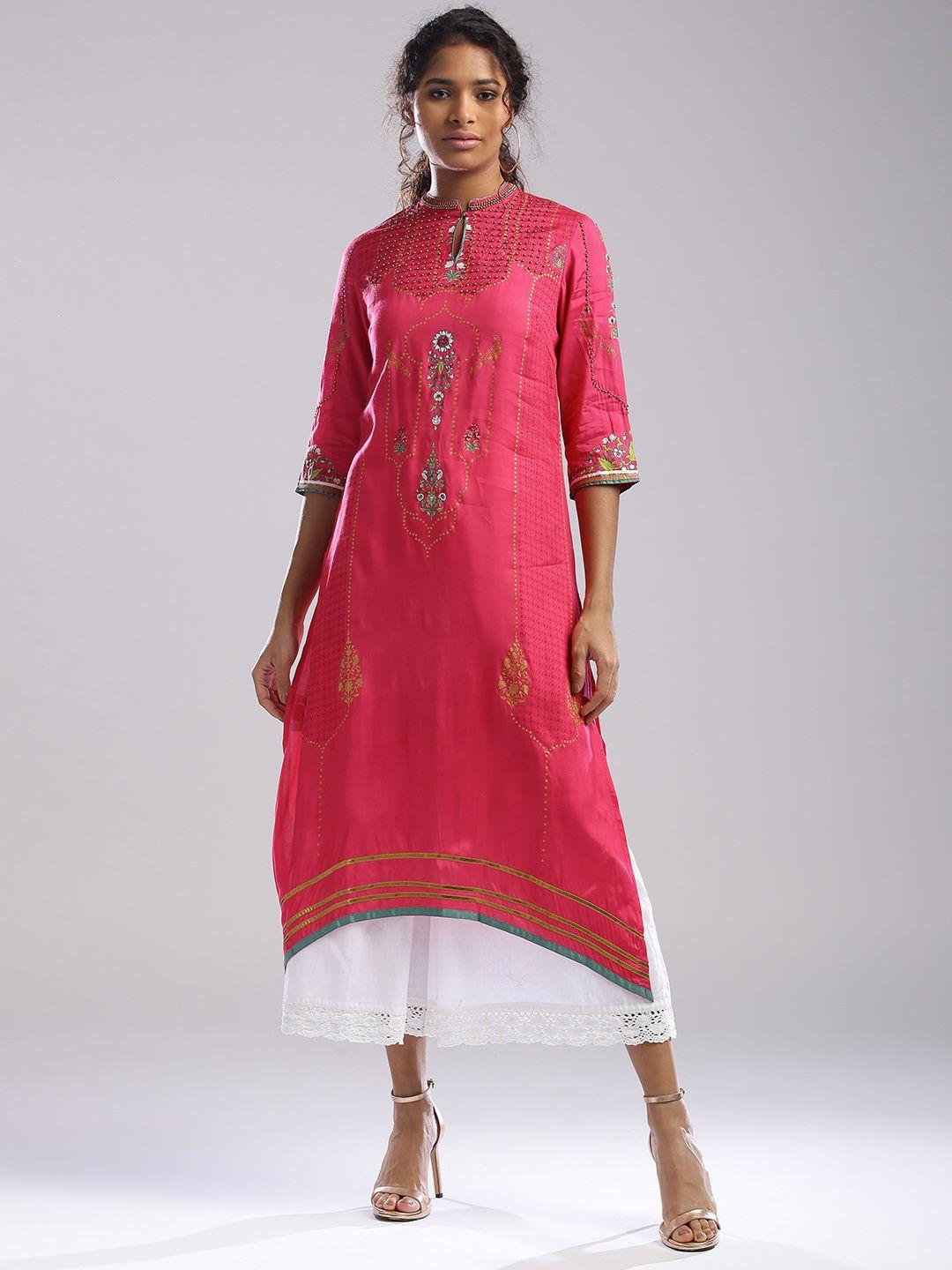 wishful by w women pink printed asymmetric straight kurta