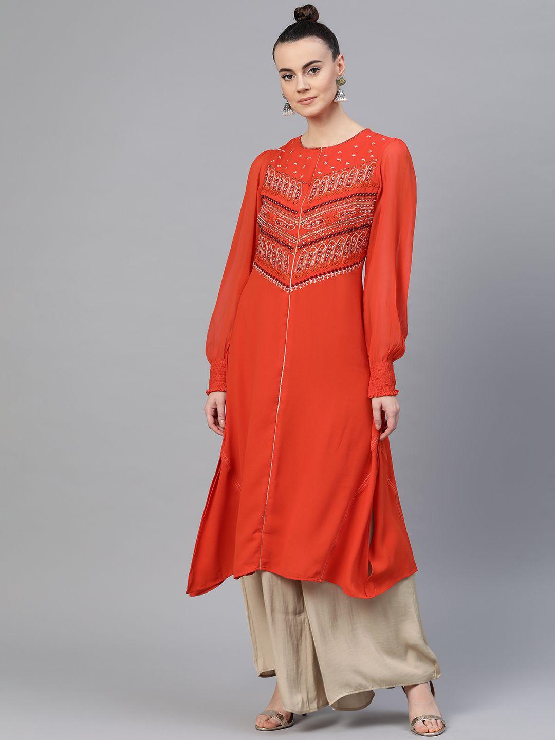 wishful by w women rust orange embellished detail a-line kurta