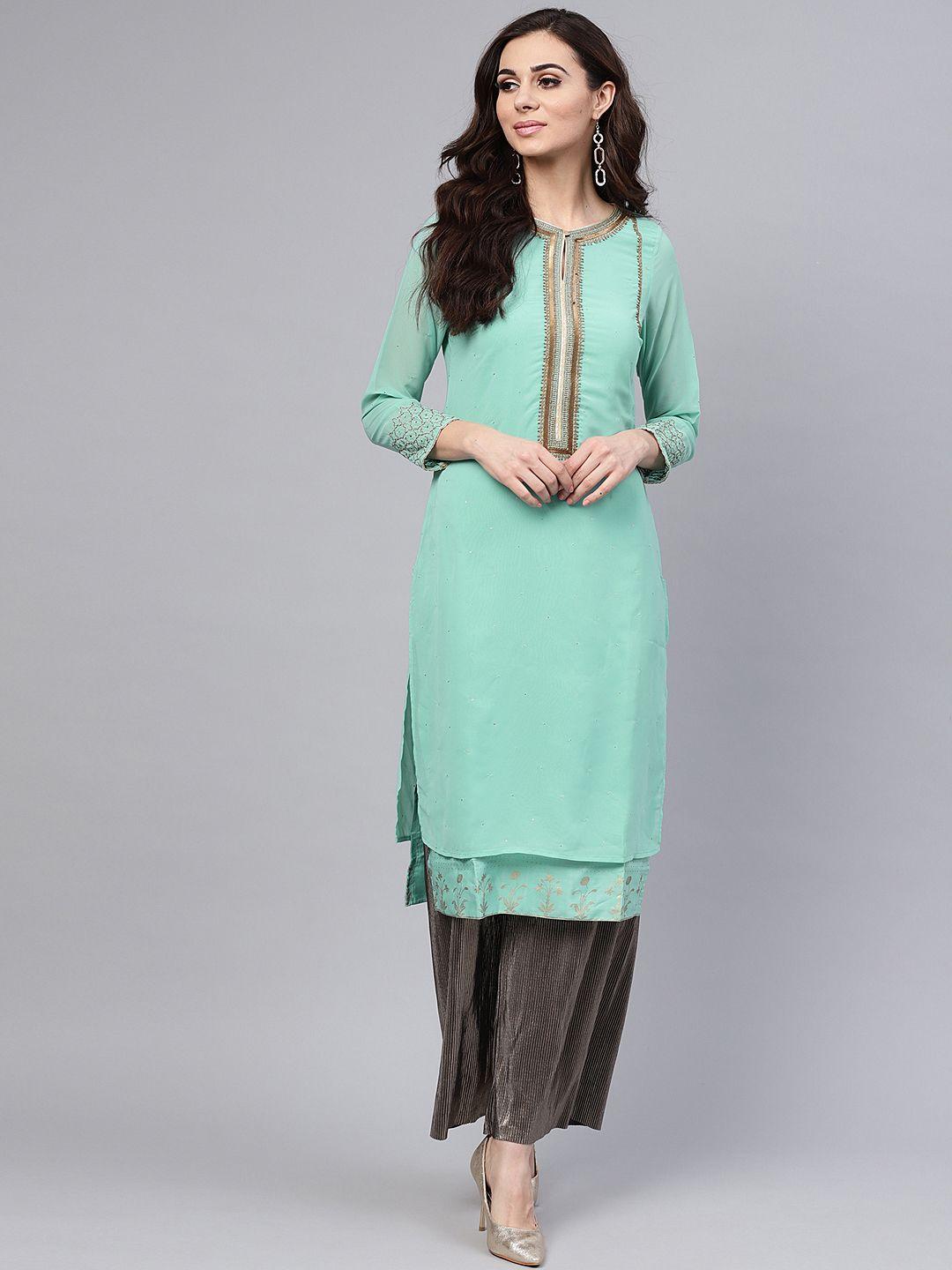 wishful by w women sea green embellished layered straight kurta