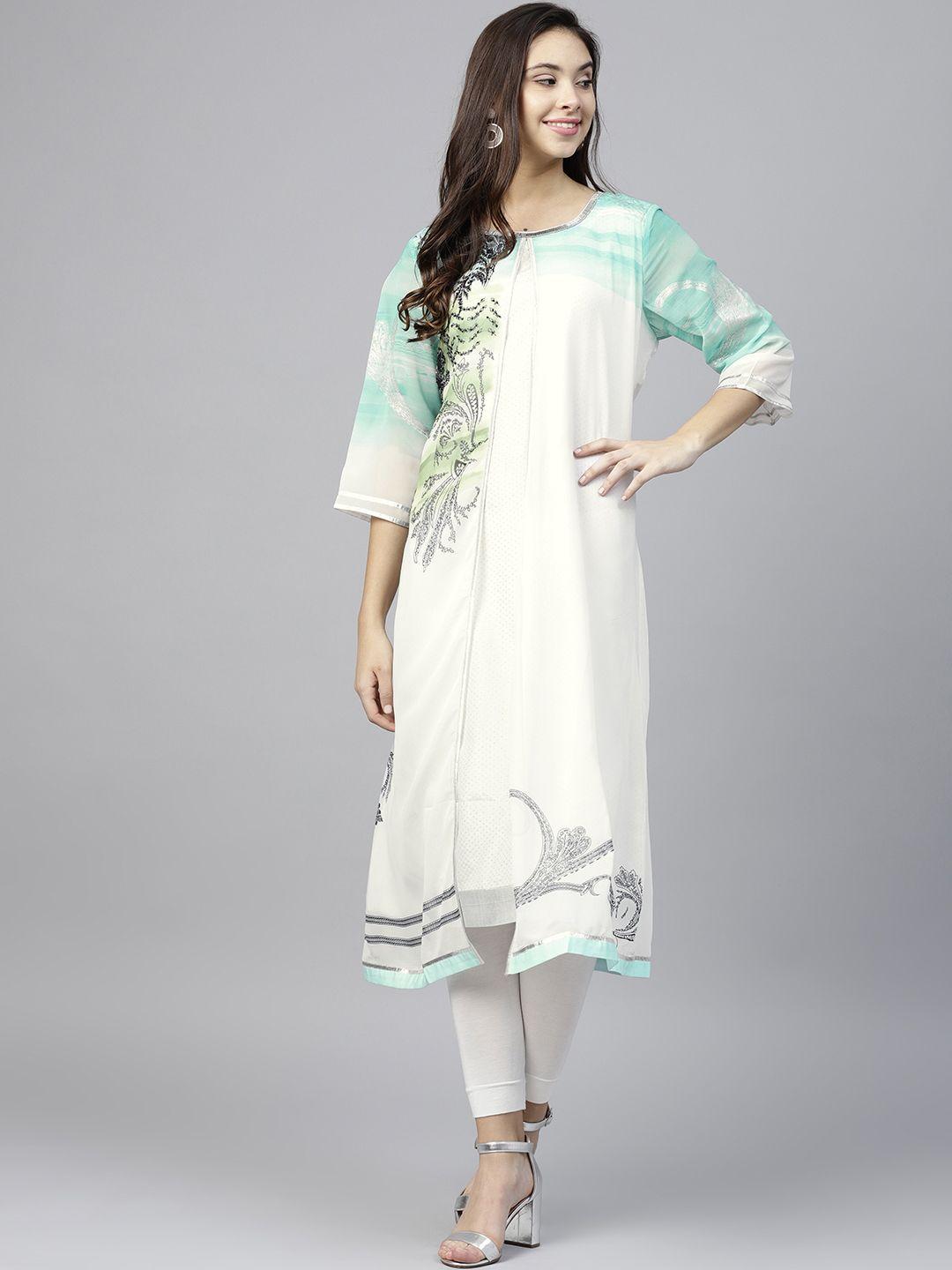 wishful by w women white printed a-line kurta