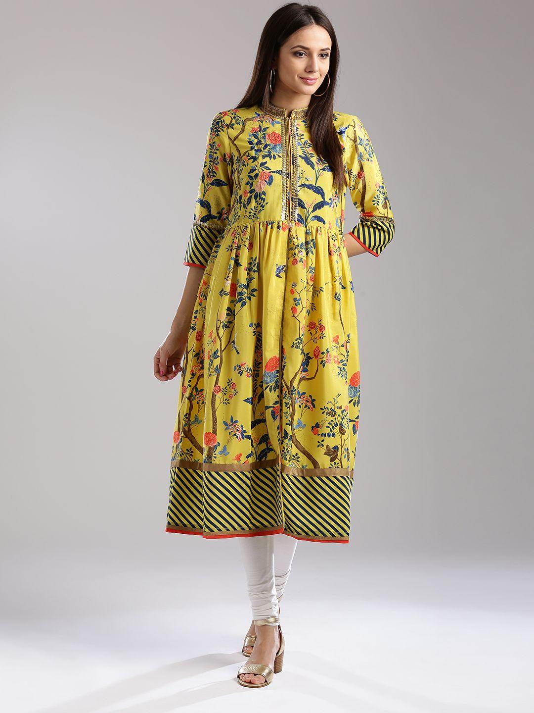 wishful by w women yellow & navy floral print a-line kurta