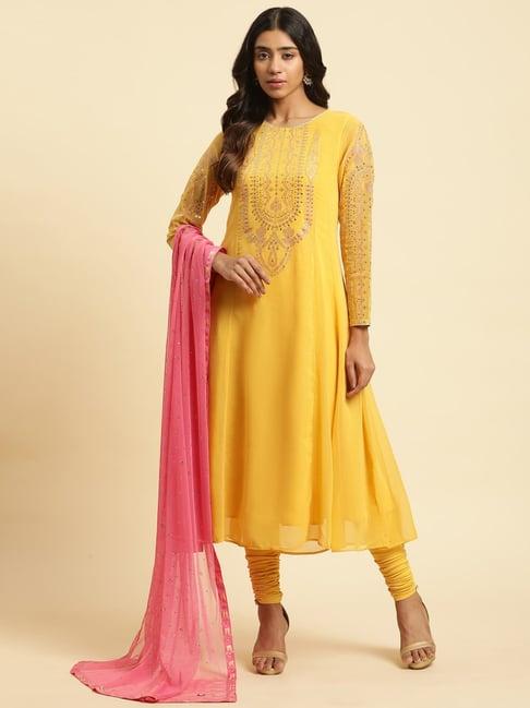 wishful by w yellow embellished kurta pant set with dupatta