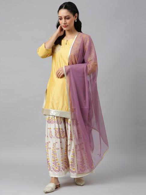 wishful by w yellow floral print kurta sharara set with dupatta