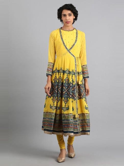 wishful by w yellow printed kurta churidar set with jacket