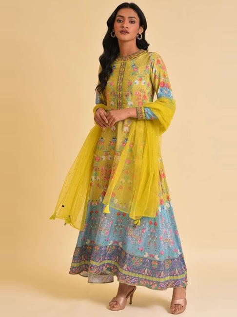 wishful by w yellow printed maxi dress with dupatta