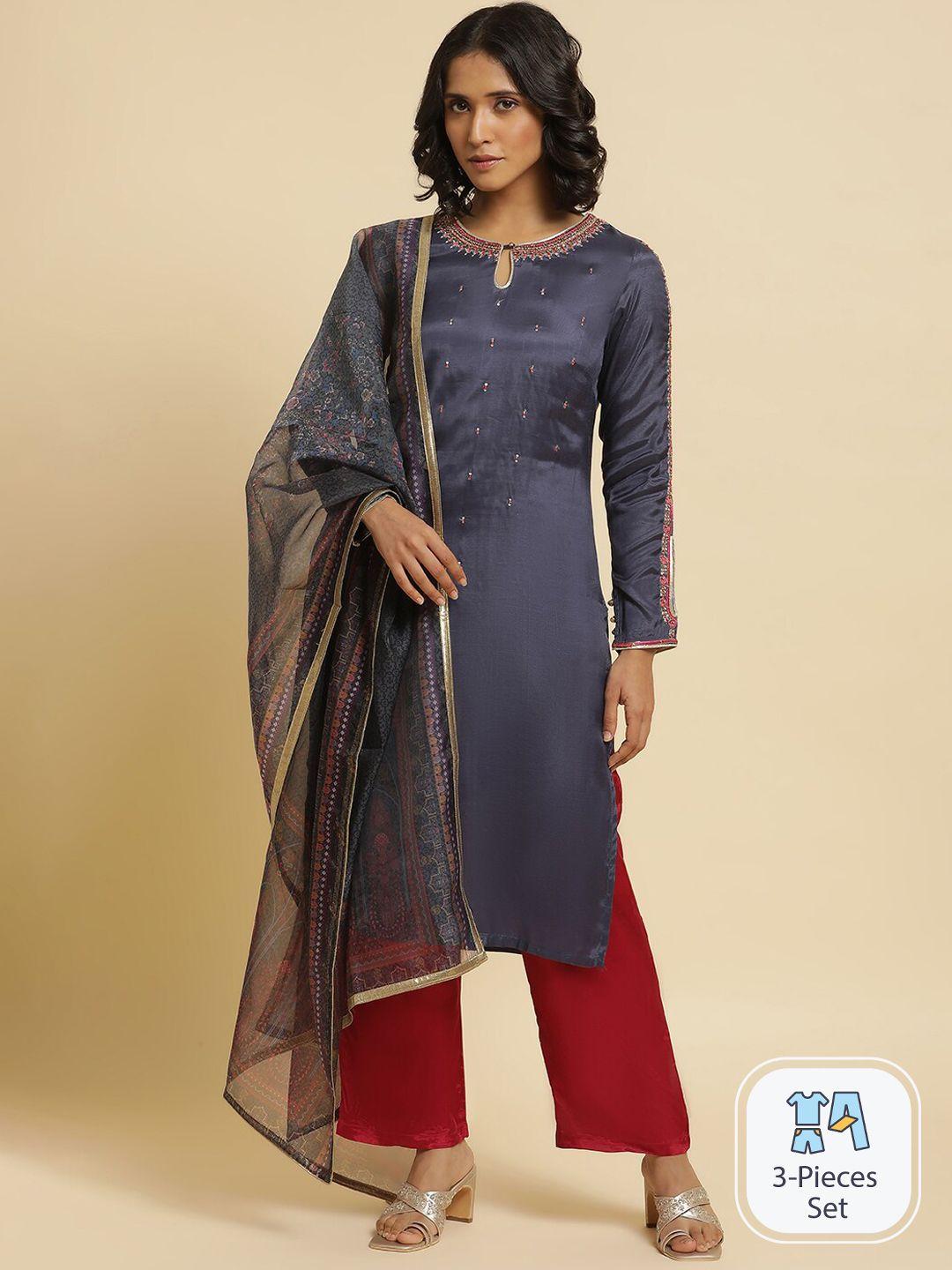 wishful ethnic motifs embroidered sequinned kurta with trousers & dupatta