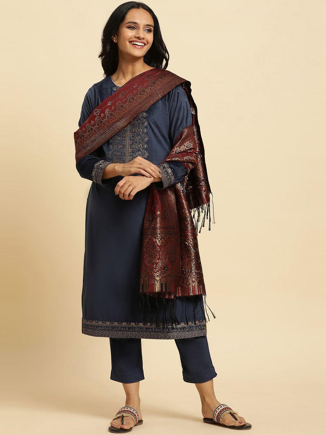 wishful ethnic motifs yoke design sequined zari velvet kurta with trousers & dupatta