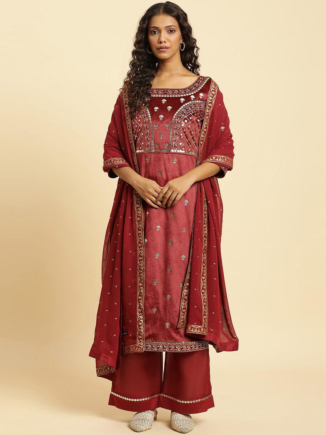 wishful floral embroidered regular sequinned kurta with trousers & dupatta