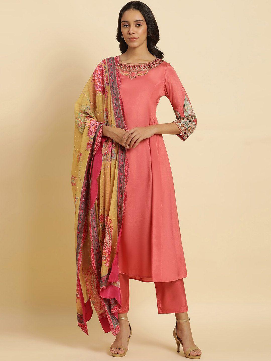 wishful floral embroidered sequinned kurta with leggings & dupatta