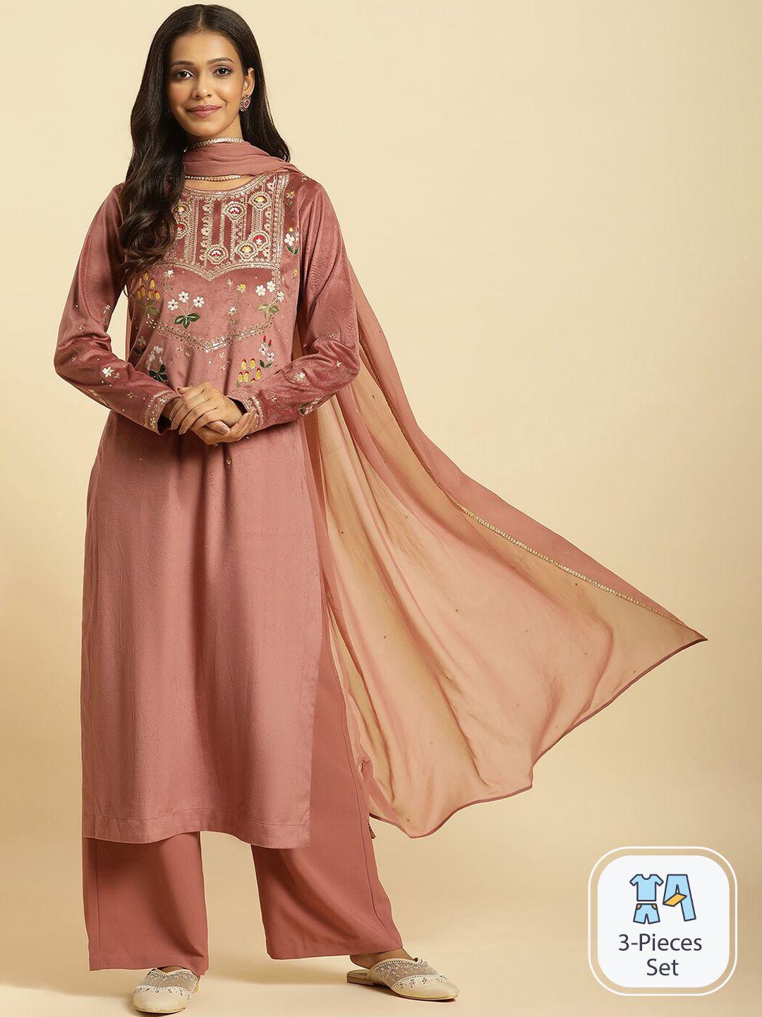 wishful floral embroidered sequinned kurta with palazzos & dupatta