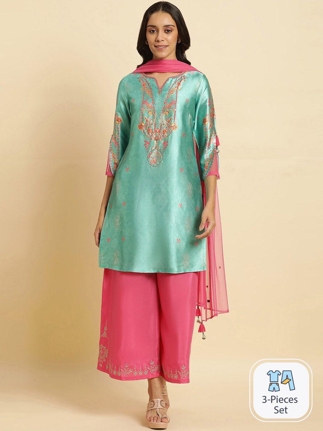 wishful floral printed regular sequinned kurta with palazzos & with dupatta