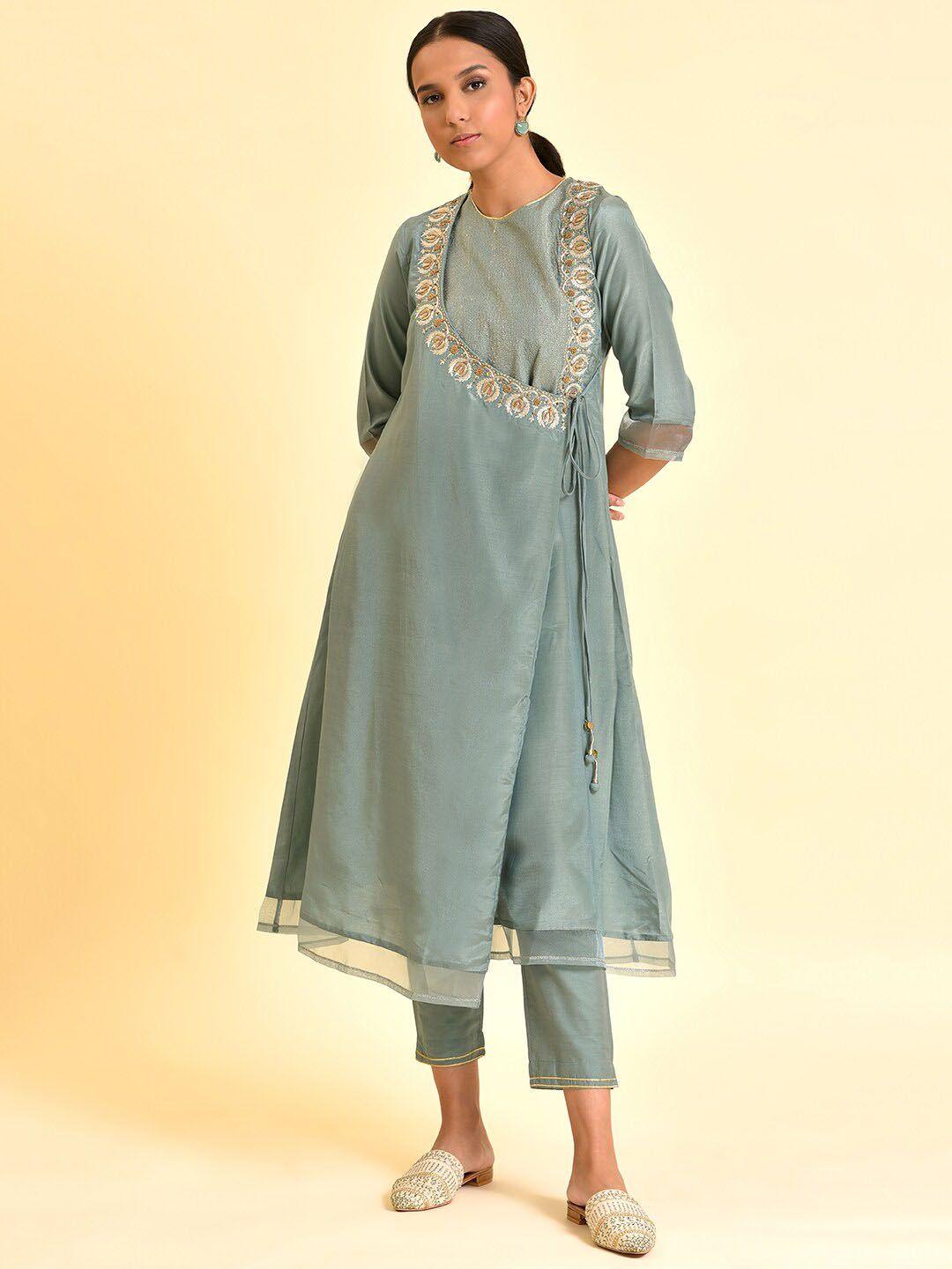 wishful floral yoke design angrakha beads & stones kurta with trousers