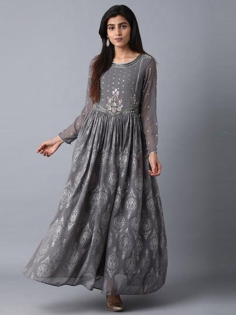 wishful grey embellished a line kurta