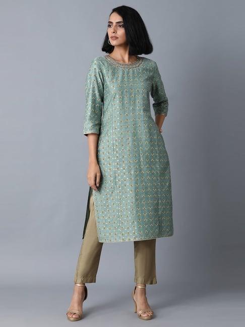 wishful mint green printed straight kurta