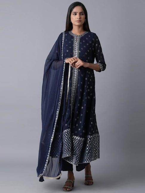 wishful navy embellished kurta pant set with dupatta