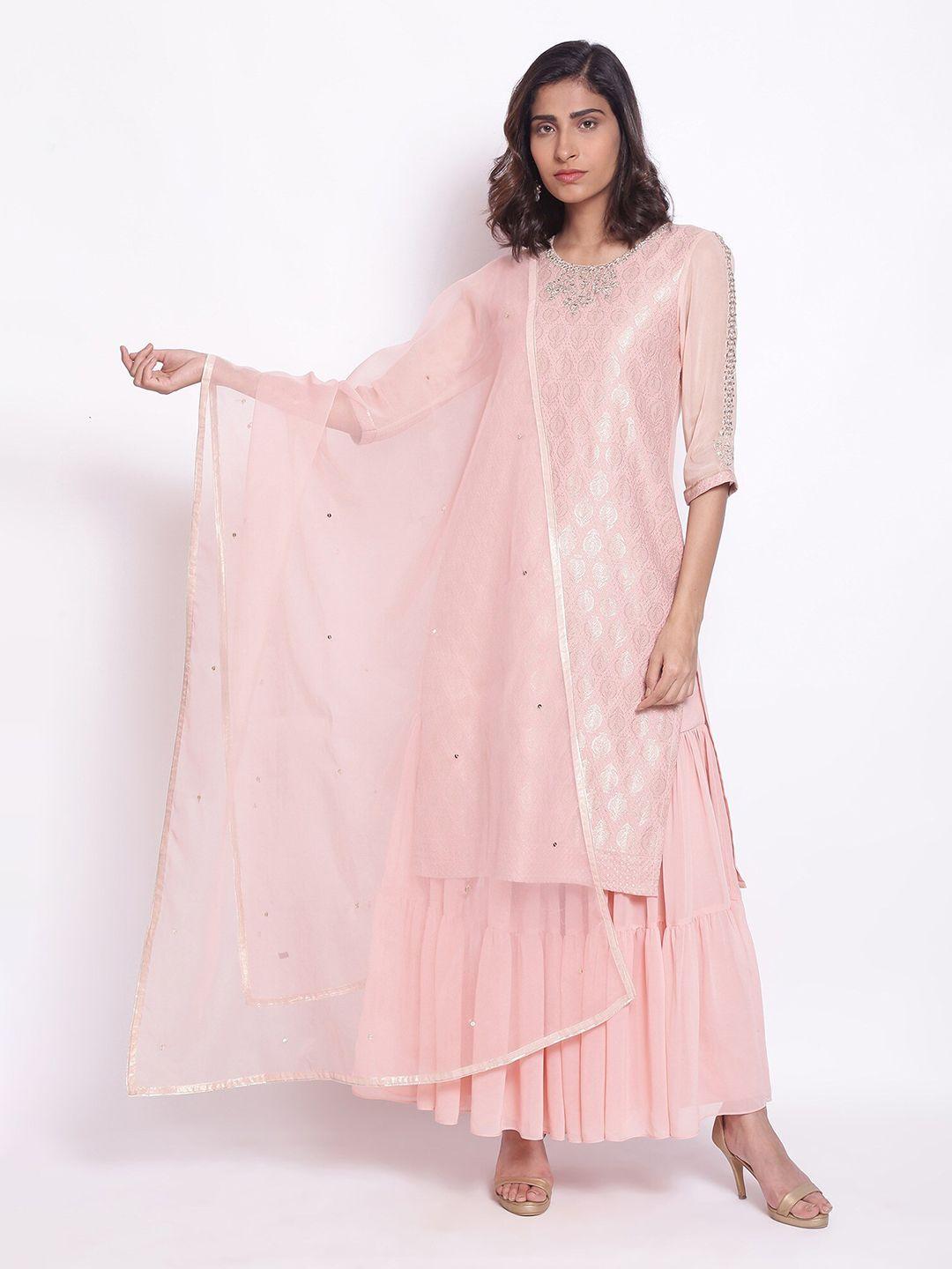 wishful pink & silver-toned embroidered dupatta
