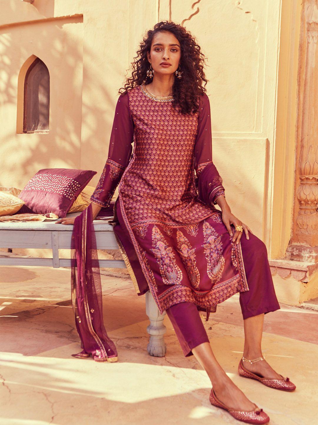 wishful woman purple ethnic motifs printed kurta with trousers & with dupatta