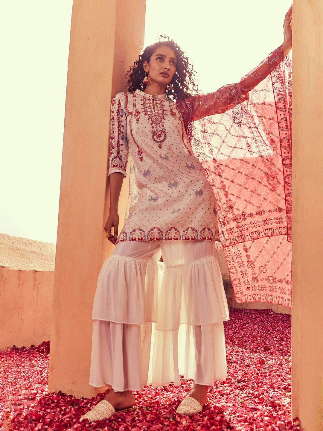 wishful woman white floral embroidered sequinned kurta with sharara & with dupatta