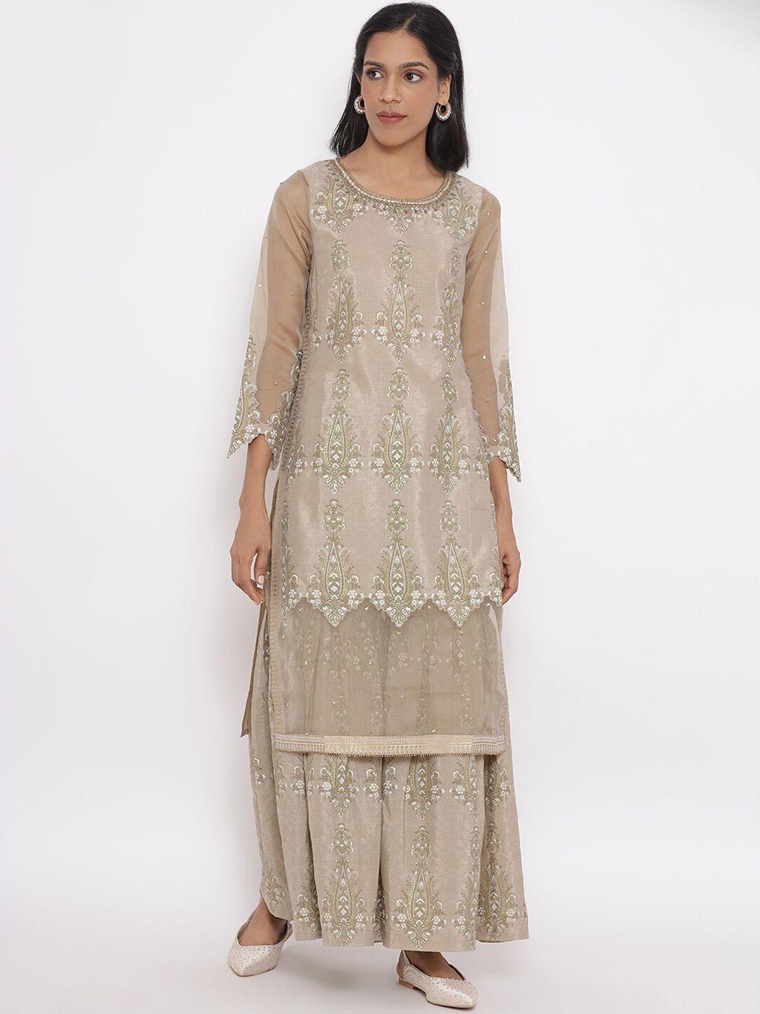 wishful women beige ethnic motifs embroidered kurta