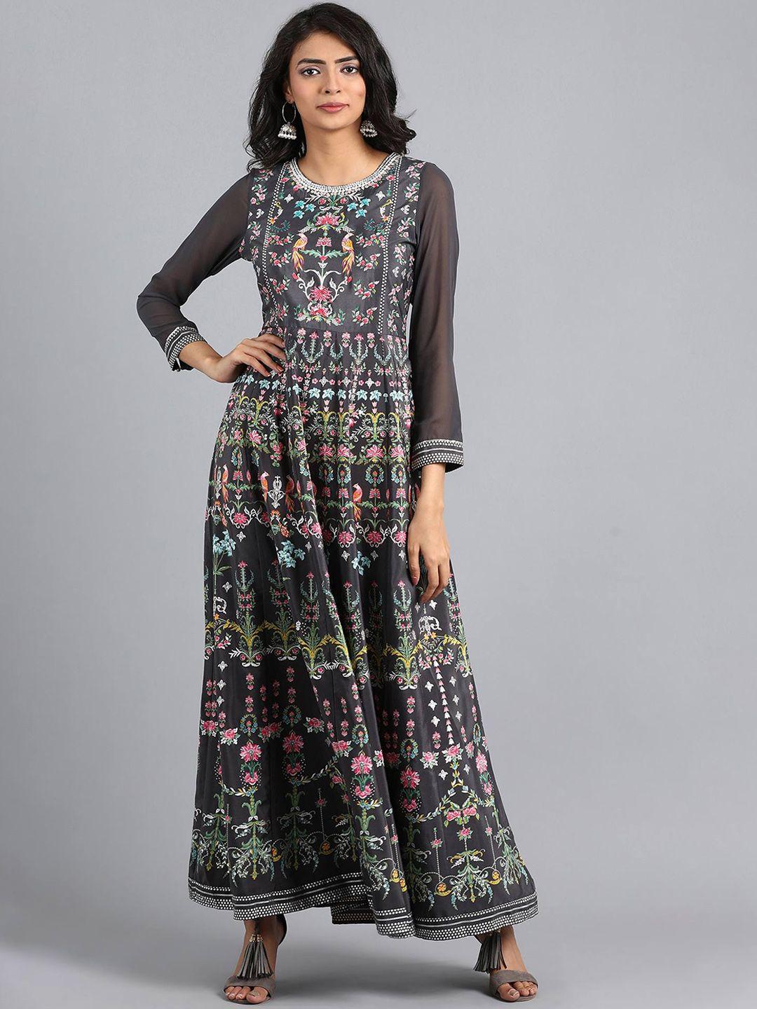 wishful women black & blue floral printed anarkali kurta