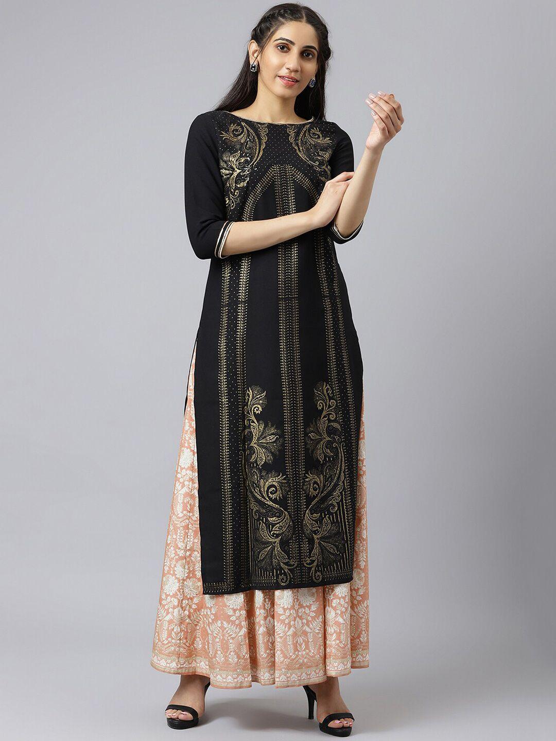 wishful women black ethnic motifs printed kurta