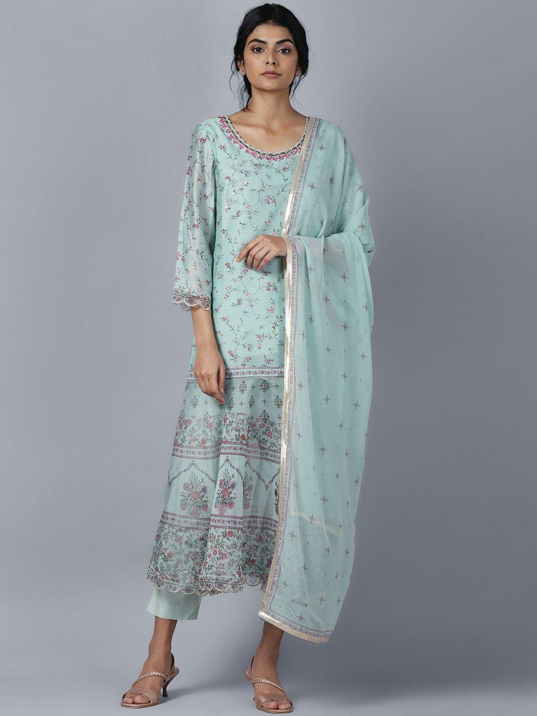 wishful women blue & pink floral printed sequinned kurta with trousers & dupatta