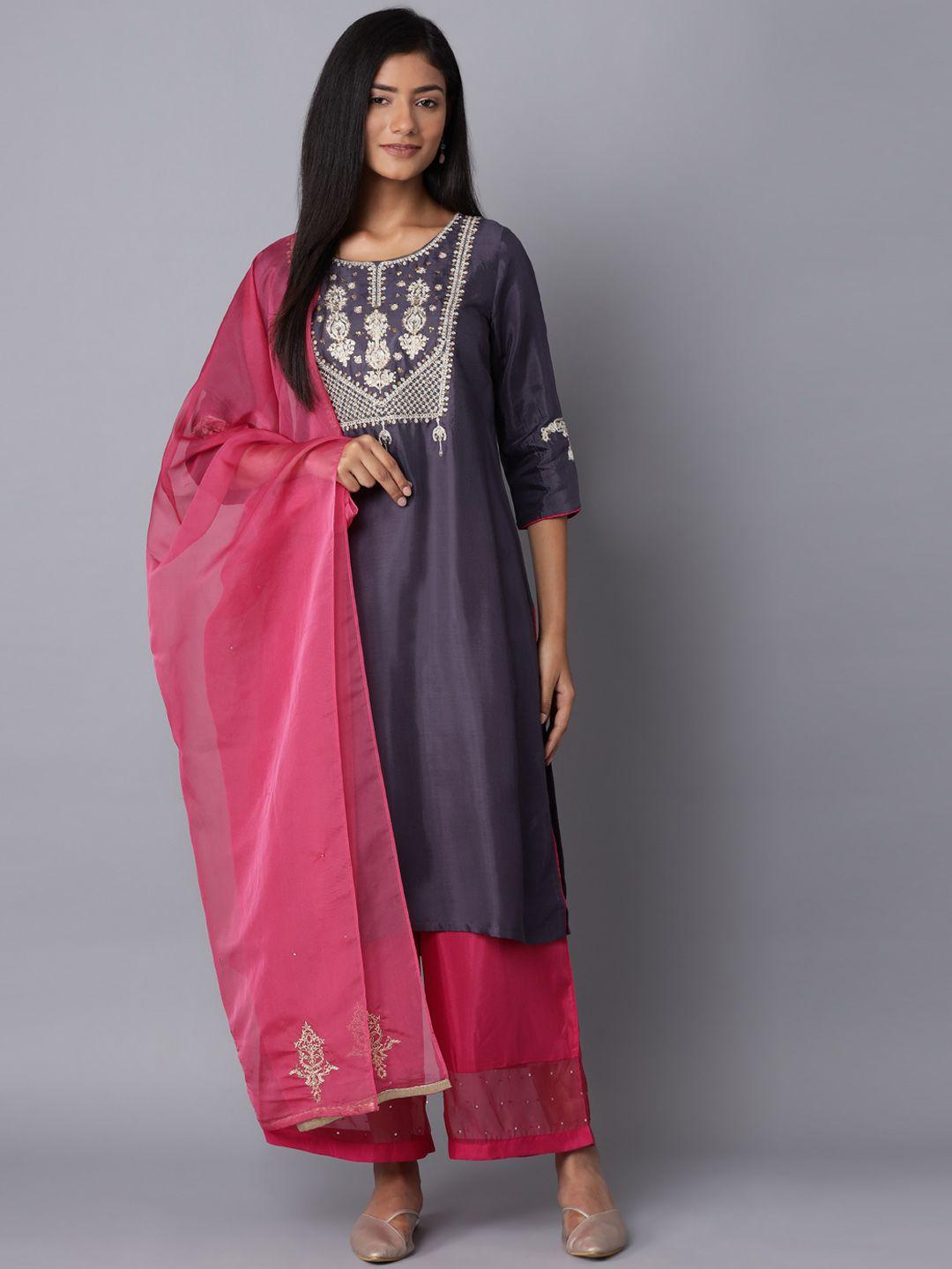 wishful women blue & pink floral yoke design kurta with palazzos & dupatta