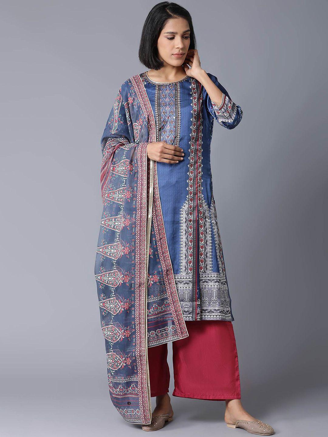 wishful women blue & red ethnic motifs yoke design kurta with palazzos & with dupatta