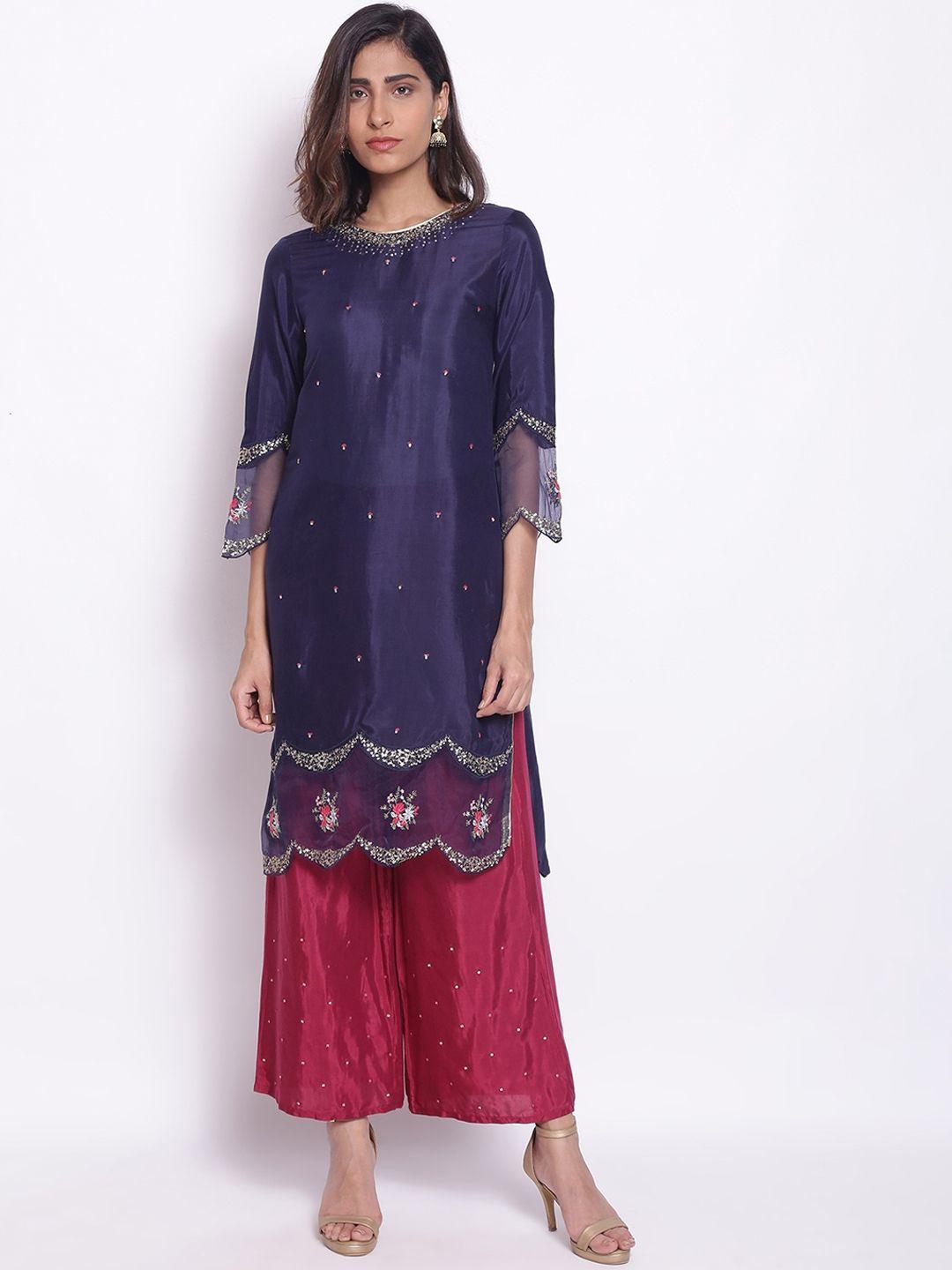 wishful women blue ethnic motifs embellished kurta