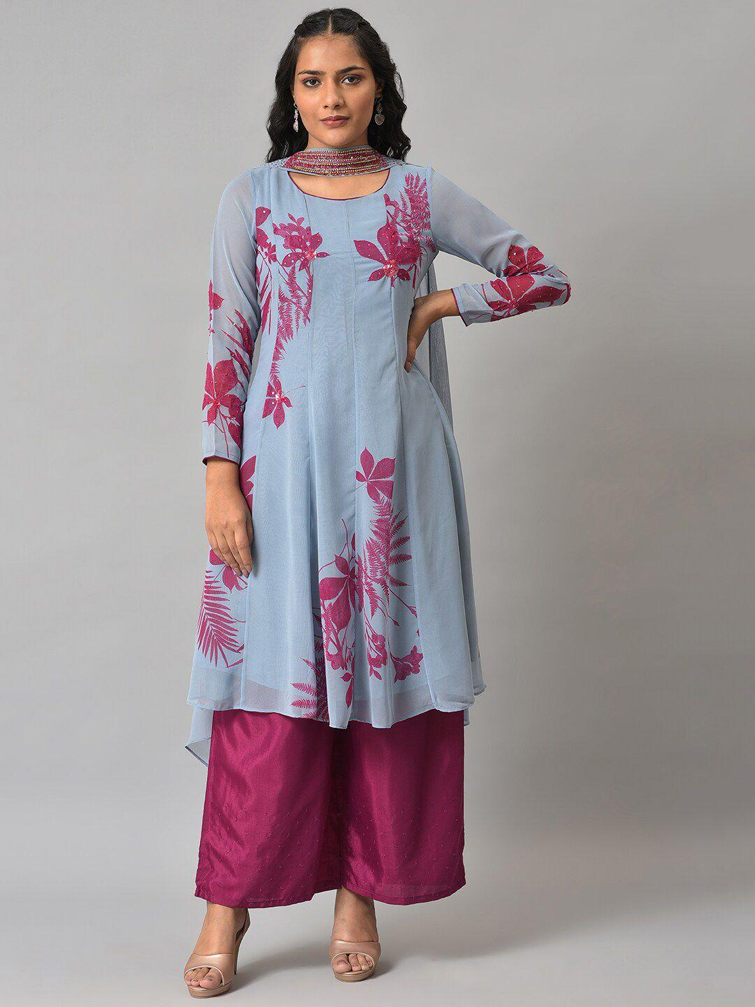 wishful women blue floral printed kurta with palazzo & dupatta