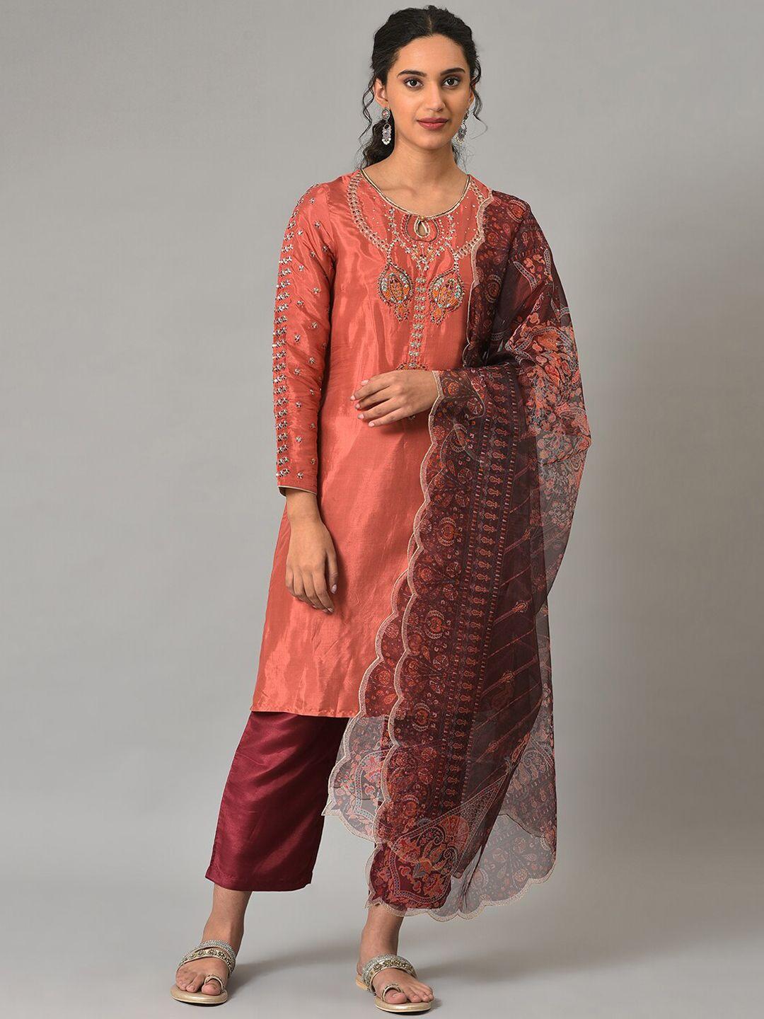 wishful women coral ethnic motifs embroidered thread work kurta with trousers & with dupatta