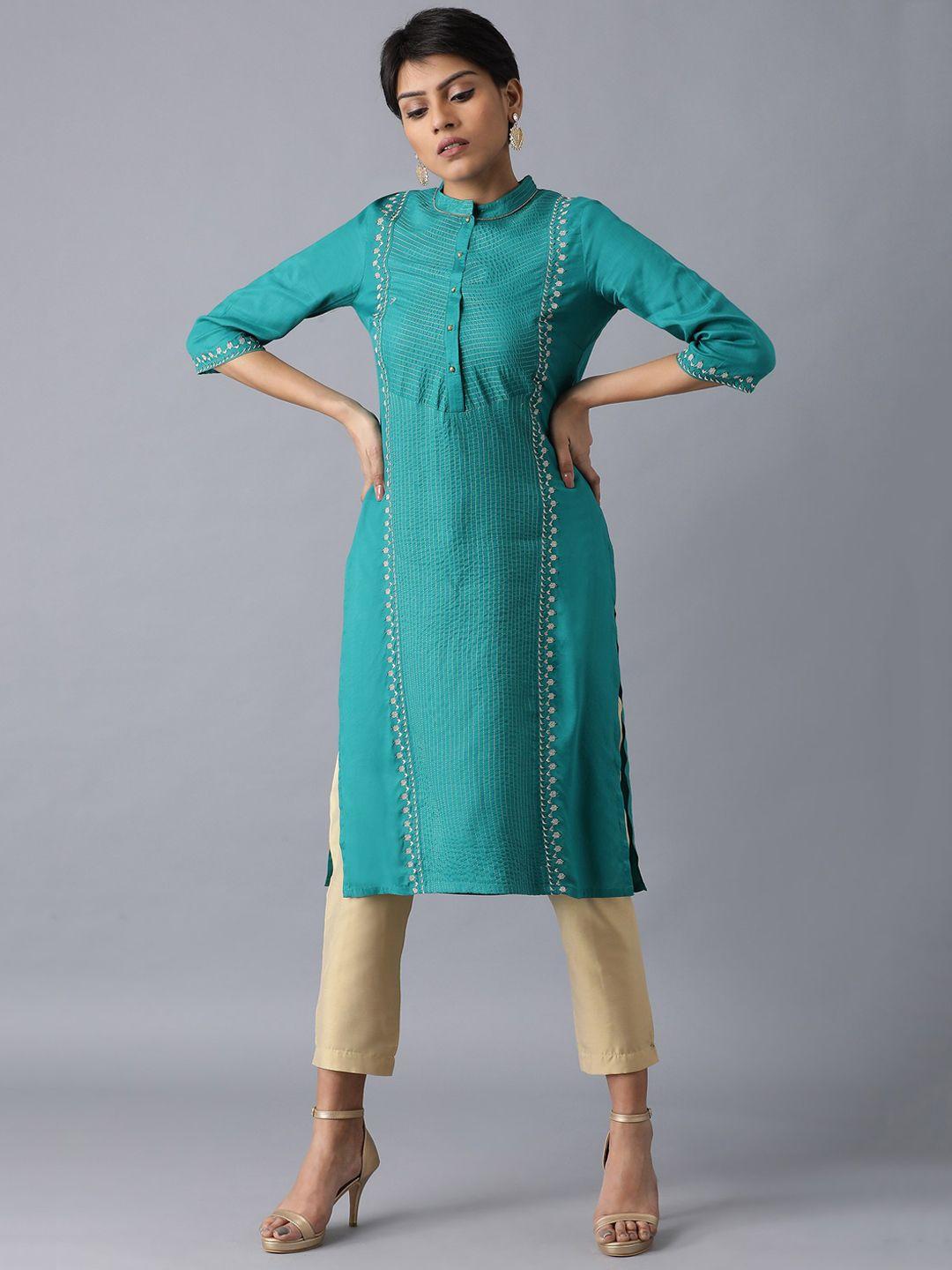 wishful women green embroidered straight kurta