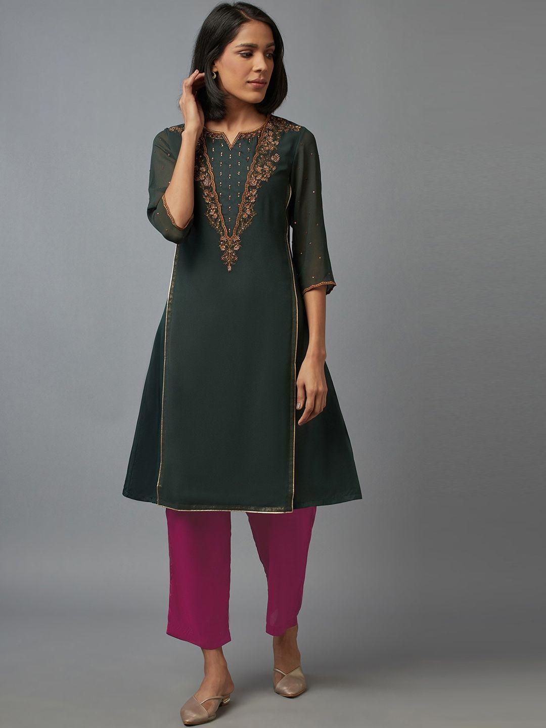 wishful women green embroidered thread work kurta