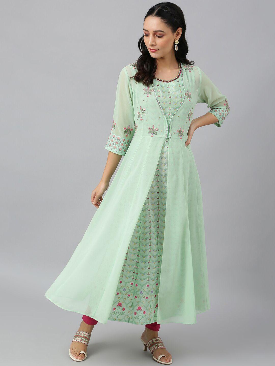 wishful women green floral embroidered panelled kurta with trousers